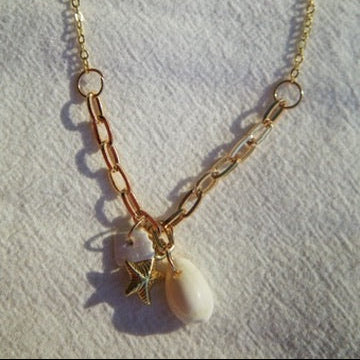 Gold Mixed Chain Charm Necklace — Shell, Starfish & Stone Pendant, Coastal Layering Necklace