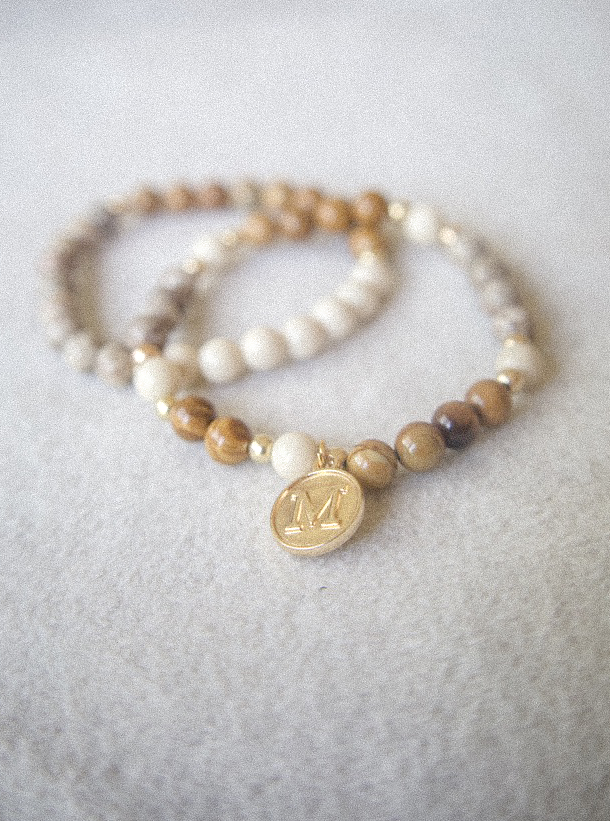 Earth Tone Beaded Bracelet Stack — Natural Stone, Gold Charm, Set of 3