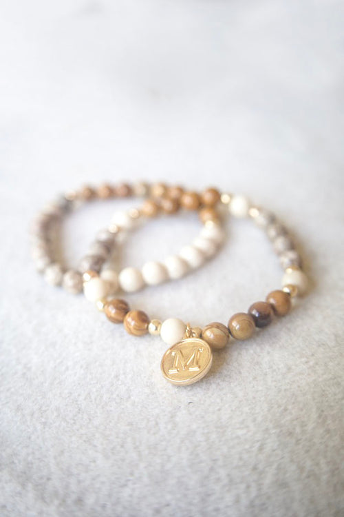Earth Tone Beaded Bracelet Stack — Natural Stone, Gold Charm, Set of 3