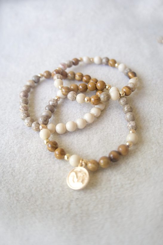 Earth Tone Beaded Bracelet Stack — Natural Stone, Gold Charm, Set of 3