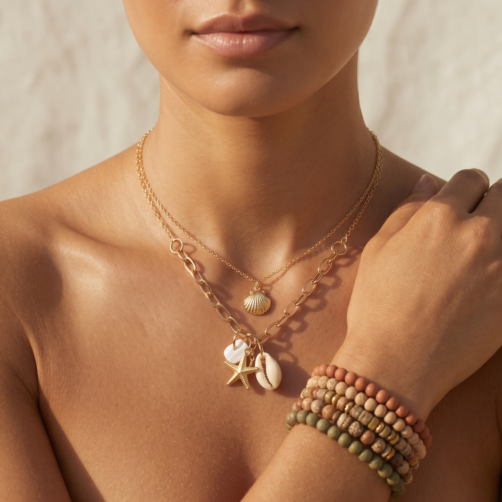 Gold Mixed Chain Charm Necklace — Shell, Starfish & Stone Pendant, Coastal Layering Necklace